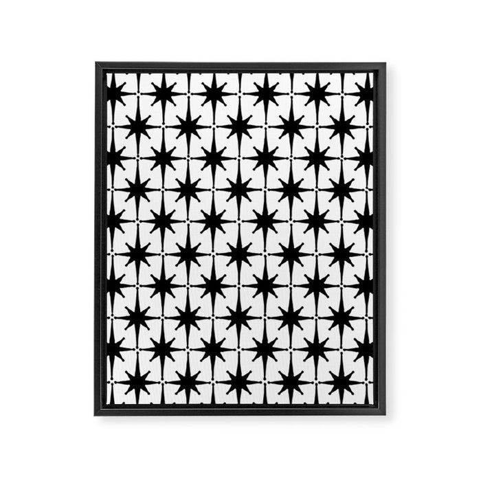 Midcentury Modern Atomic Starburst Pattern in Black and White Framed Canvas Print Gallery Image 1