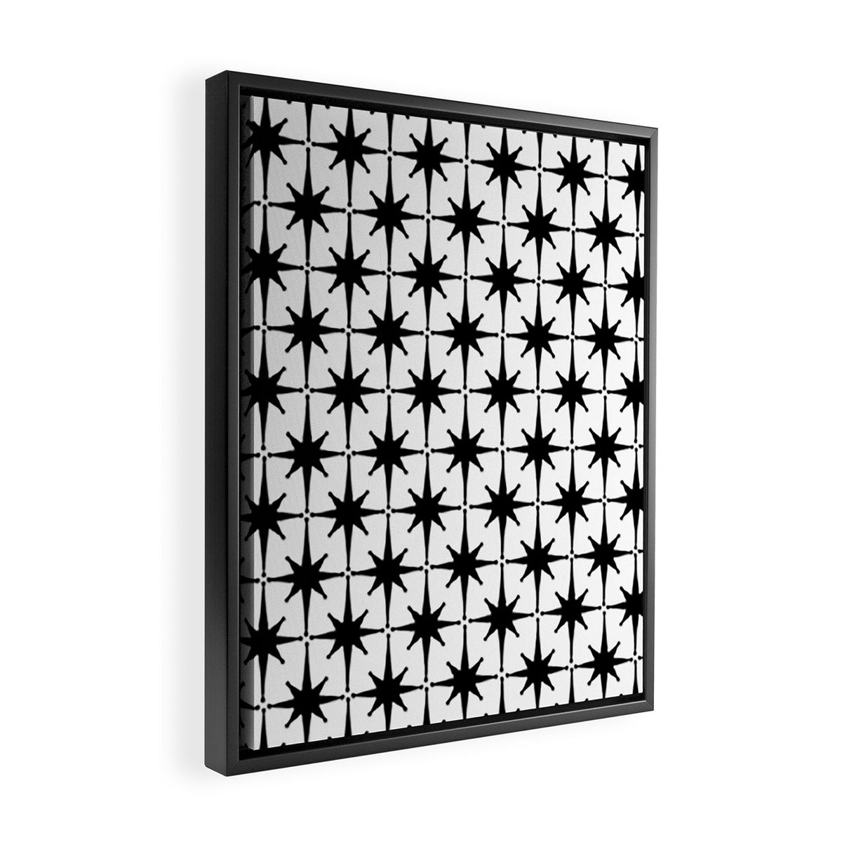 Midcentury Modern Atomic Starburst Pattern in Black and White Framed Canvas Print Gallery Image 2