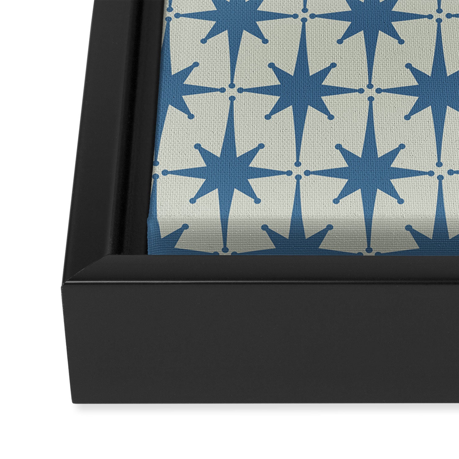 Midcentury Modern Atomic Starburst Pattern in Blue Greige Framed Canvas Print Gallery Image 3
