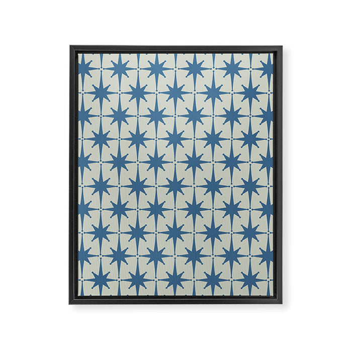 Midcentury Modern Atomic Starburst Pattern in Blue Greige Framed Canvas Print Gallery Image 1