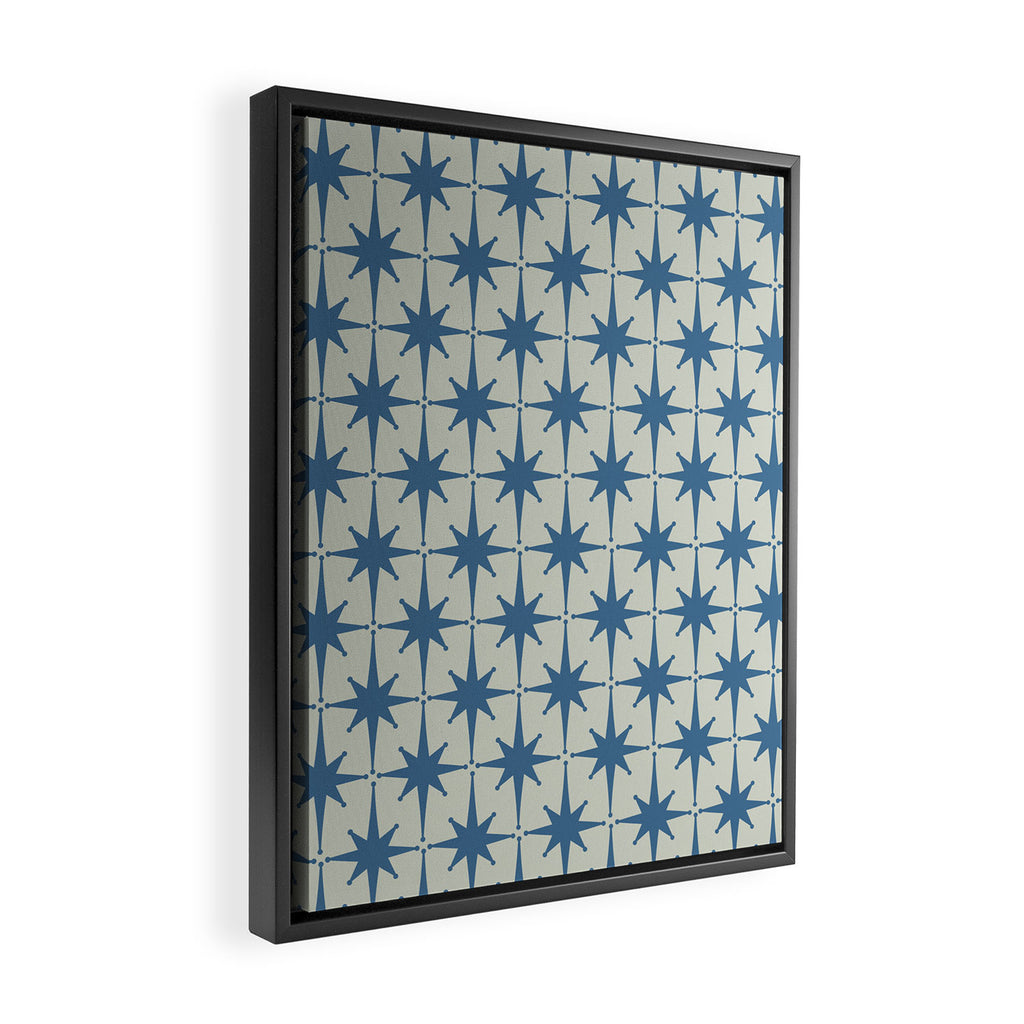 Midcentury Modern Atomic Starburst Pattern in Blue Greige Framed Canvas Print Gallery Image 2