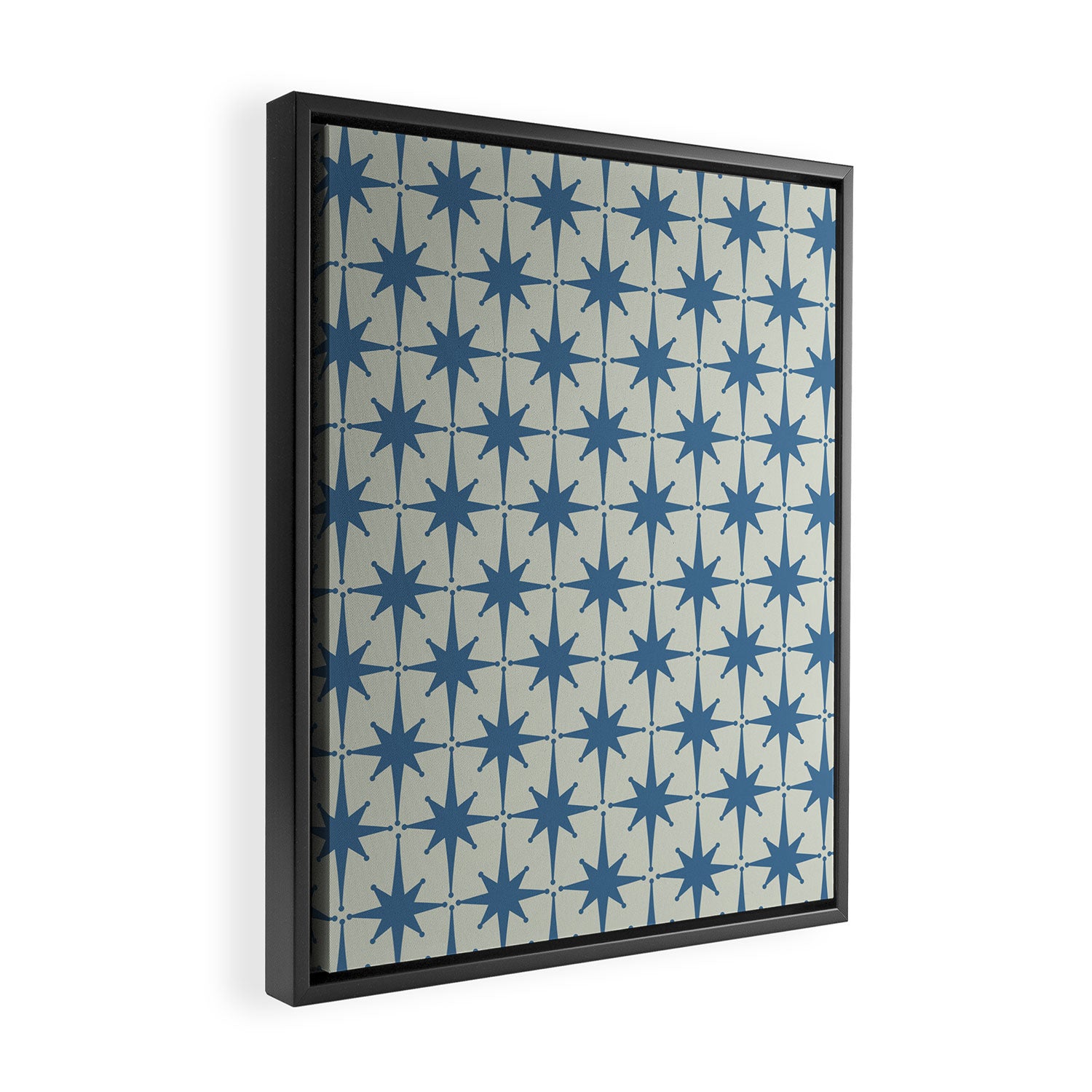 Midcentury Modern Atomic Starburst Pattern in Blue Greige Framed Canvas Print Gallery Image 2