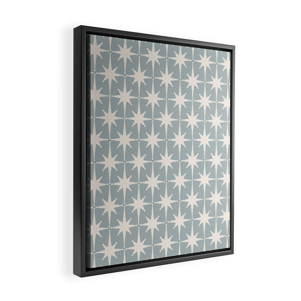 Midcentury Modern Atomic Starburst Pattern in Light Blue Gray and Cream Framed Canvas Print Gallery Image 2