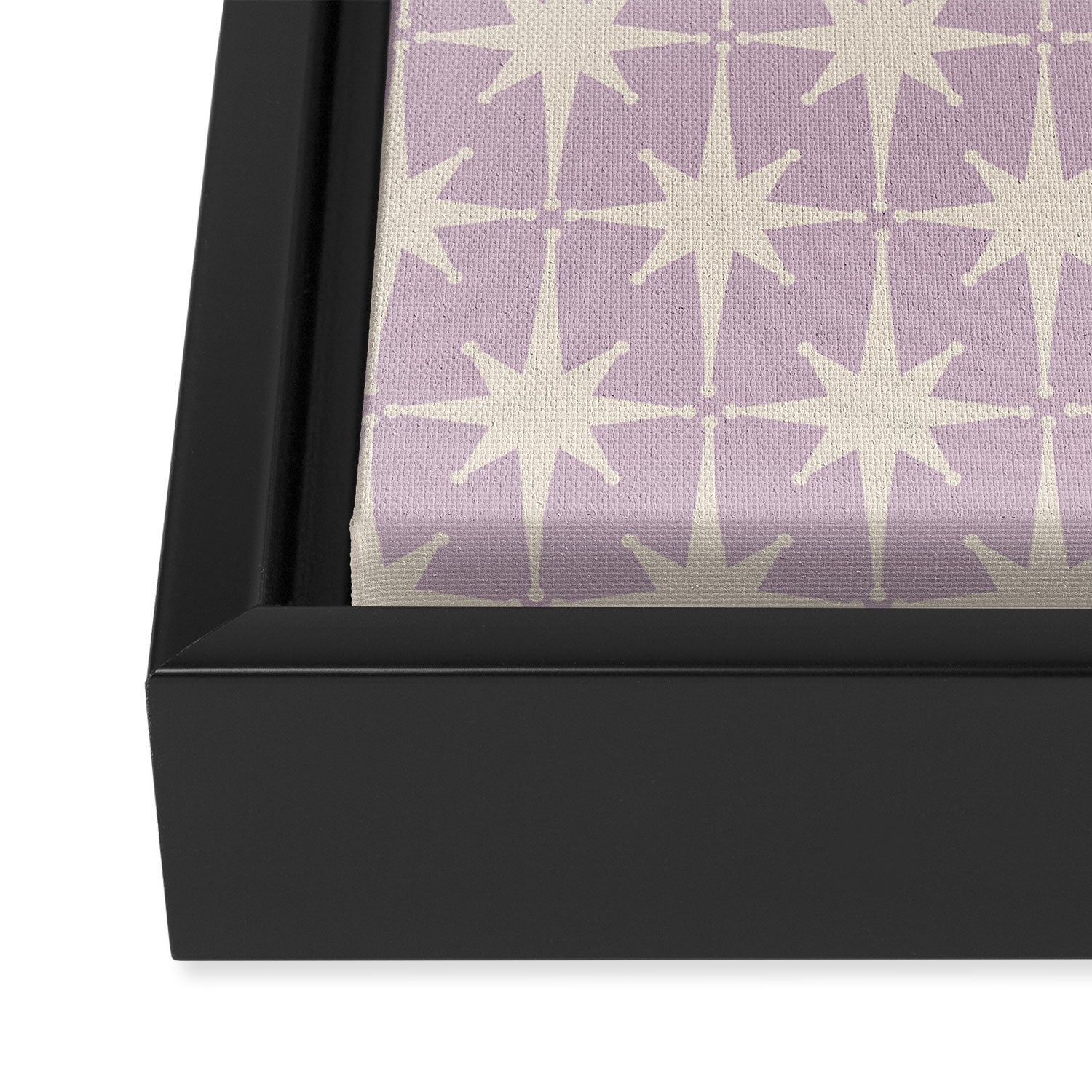 Midcentury Modern Atomic Starburst Pattern in Pretty Lilac and Cream Framed Canvas Print Gallery Image 3