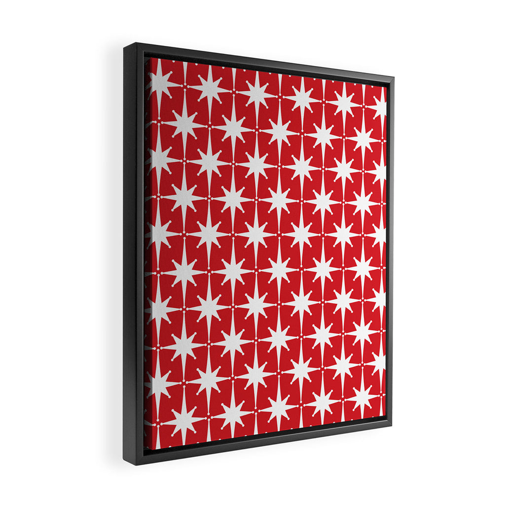 Midcentury Modern Atomic Starburst Pattern in Red and White Framed Canvas Print Gallery Image 2