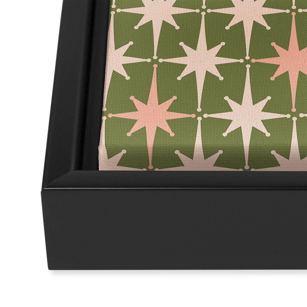Midcentury Modern Atomic Starburst Pattern in Retro Olive Green and Vintage Blush Pink Framed Canvas Print Gallery Image 3