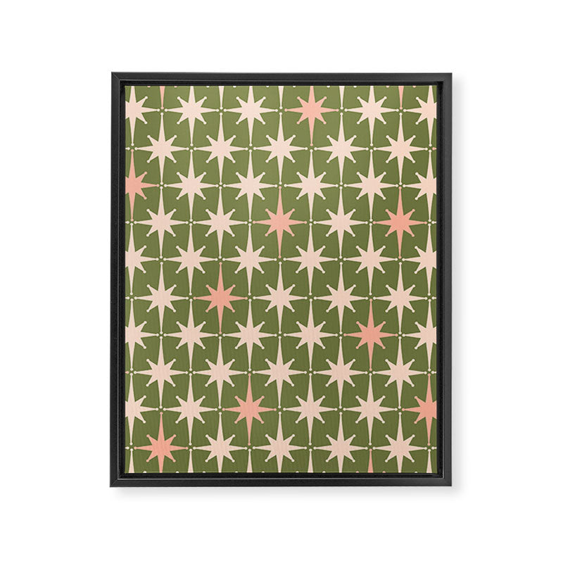 Midcentury Modern Atomic Starburst Pattern in Retro Olive Green and Vintage Blush Pink Framed Canvas Print Gallery Image 6