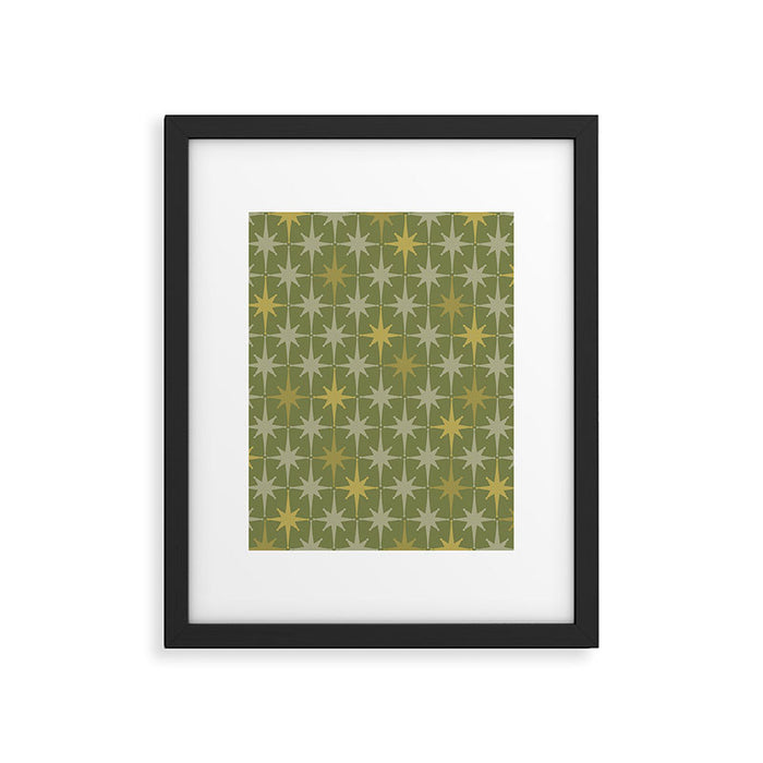 Midcentury Modern Atomic Starburst Pattern in Retro Olive Green and Vintage Celadon Tones Framed Art Print Gallery Image 1