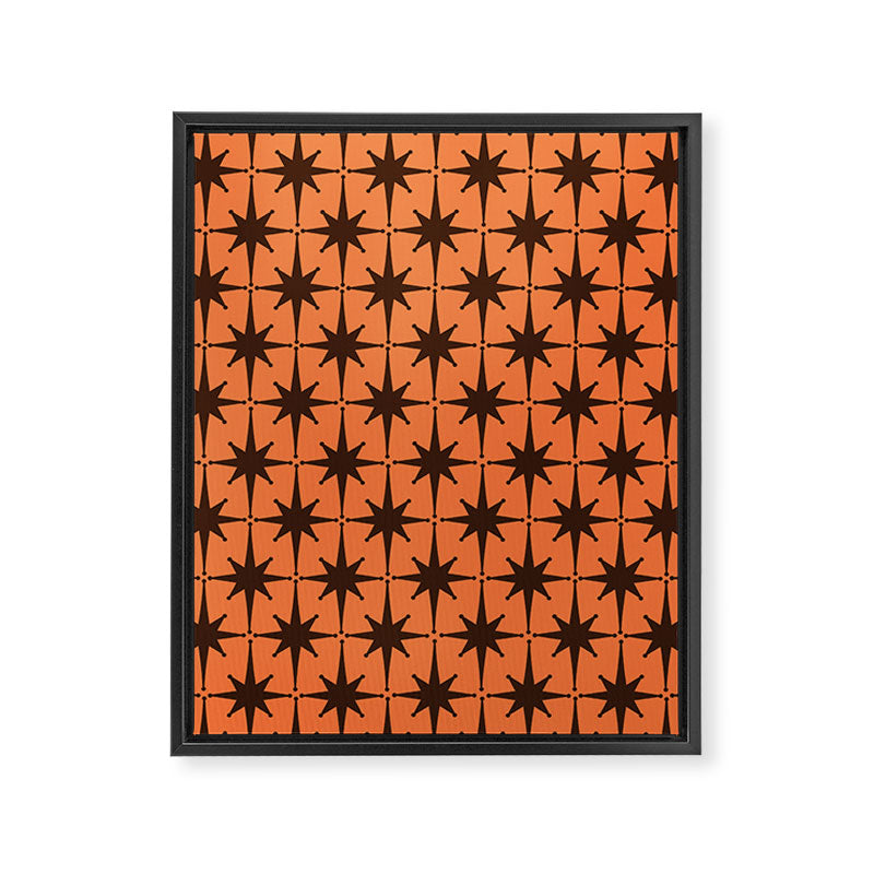 Midcentury Modern Atomic Starburst Pattern in Retro Orange and Dark Brown Framed Canvas Print Gallery Image 6