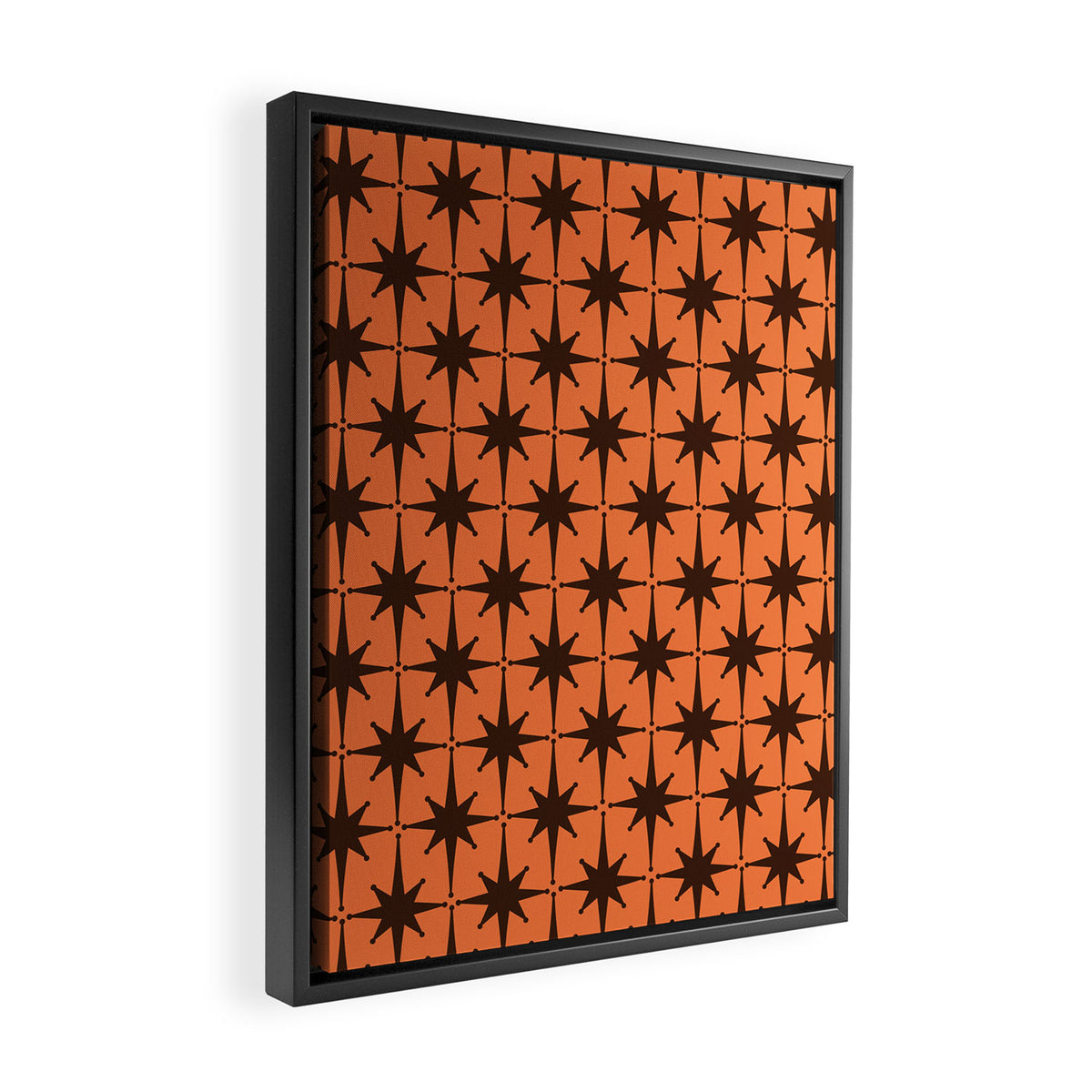 Midcentury Modern Atomic Starburst Pattern in Retro Orange and Dark Brown Framed Canvas Print Gallery Image 2