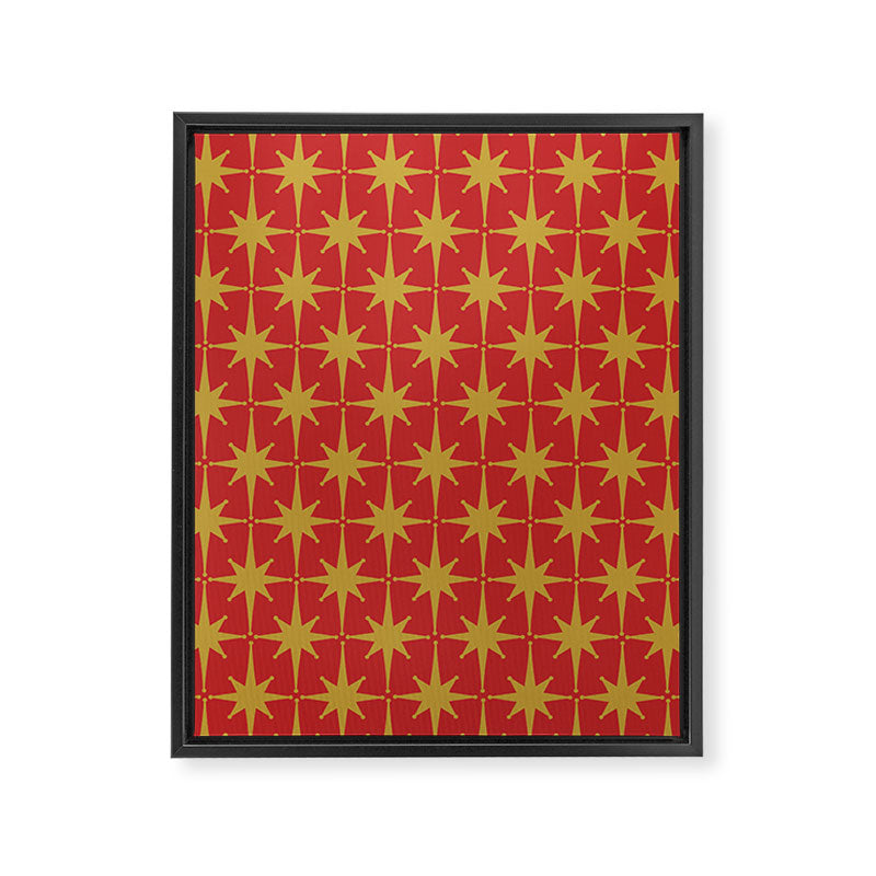 Midcentury Modern Atomic Starburst Pattern in Retro Red and Muted Mustard Framed Canvas Print Gallery Image 6