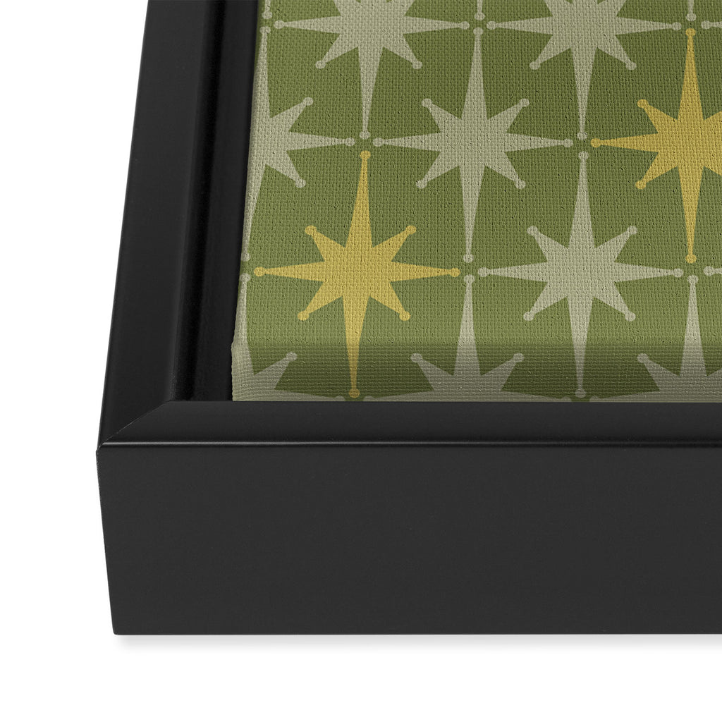 Midcentury Modern Atomic Starburst Pattern in Retro Vintage Olive Green and Celadon Framed Canvas Print Gallery Image 3