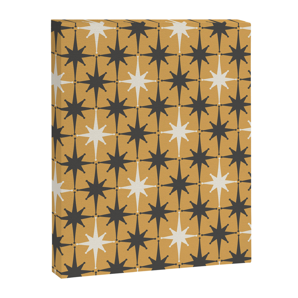 Midcentury Modern Atomic Starburst Pattern Muted Mustard Gold, Charcoal Gray, and Cream Canvas Print Gallery Image 6