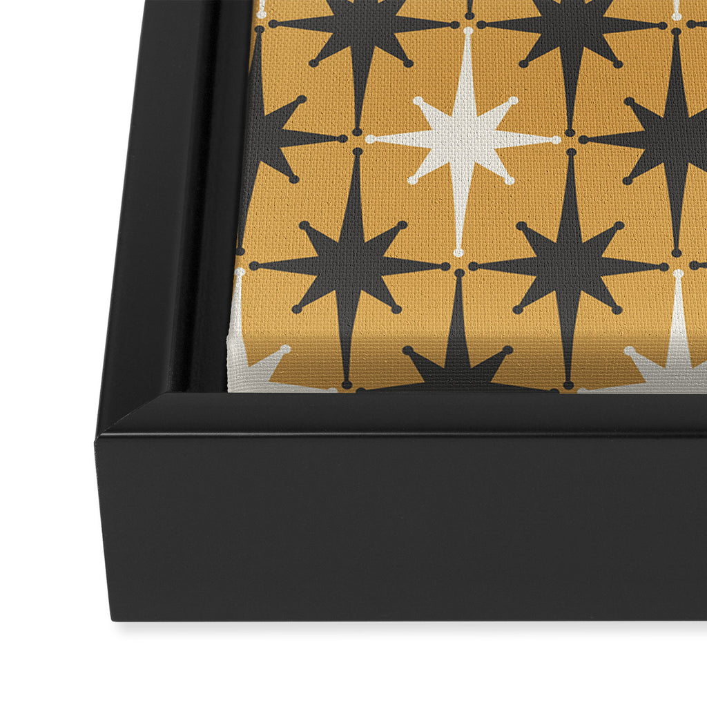 Midcentury Modern Atomic Starburst Pattern Muted Mustard Gold, Charcoal Gray, and Cream Framed Canvas Print Gallery Image 3