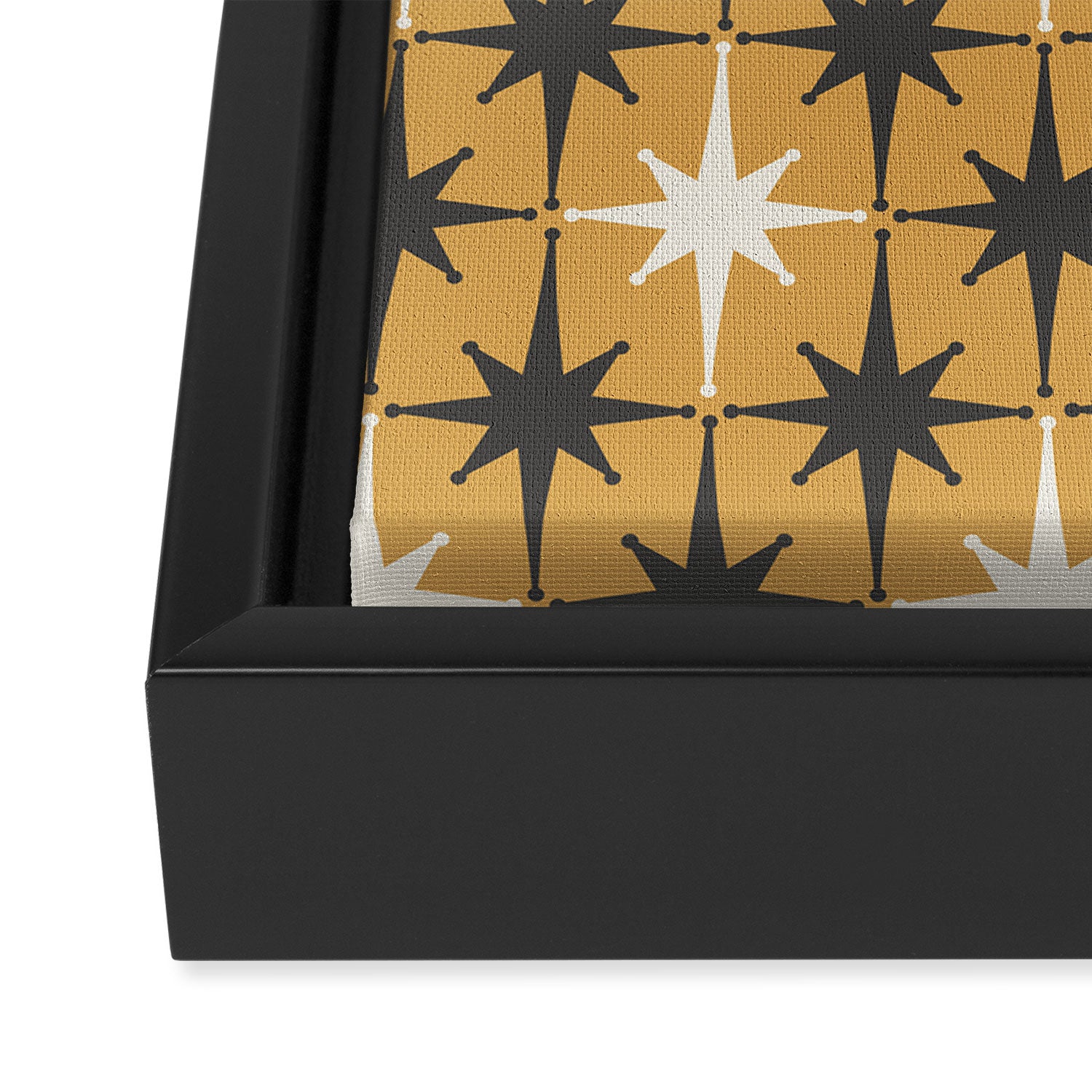 Midcentury Modern Atomic Starburst Pattern Muted Mustard Gold, Charcoal Gray, and Cream Framed Canvas Print Gallery Image 3