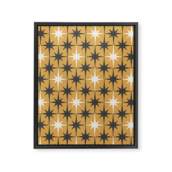 Midcentury Modern Atomic Starburst Pattern Muted Mustard Gold, Charcoal Gray, and Cream Framed Canvas Print Gallery Image 1