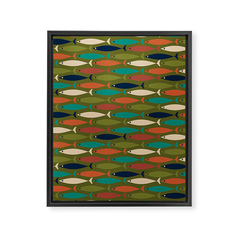 Mid-century Modern Fish in a Green Sea Pattern  Framed Canvas Print Gallery Image 8
