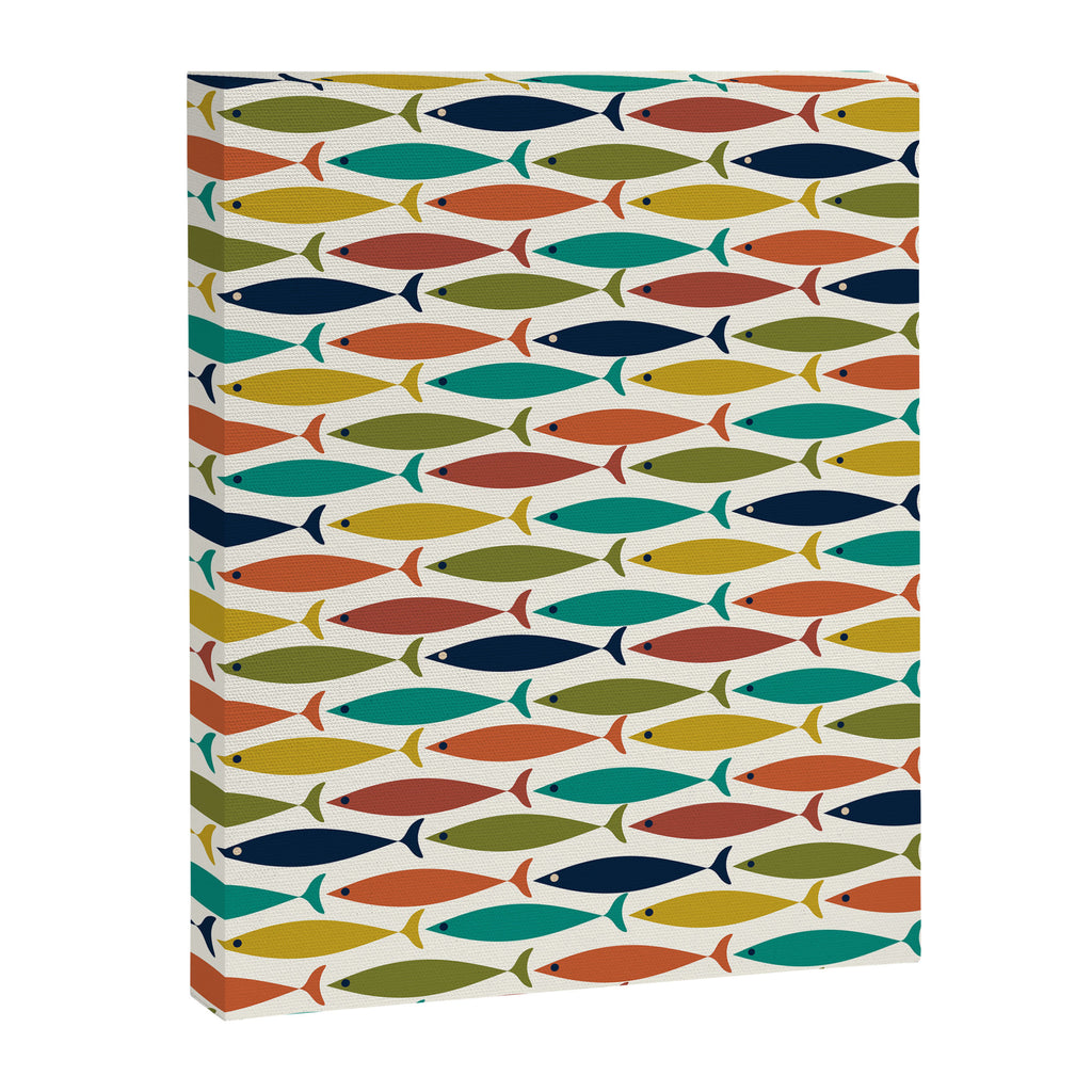 Midcentury Modern Fish Pattern in Mid Mod Teal, Olive, Mustard, Orange on Nearly White Canvas Print Gallery Image 8
