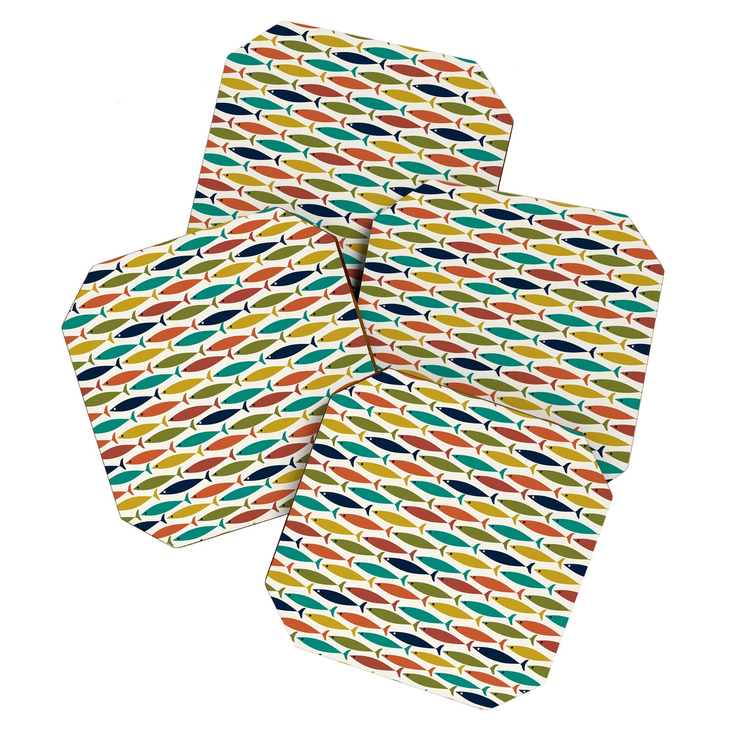 Midcentury Modern Fish Pattern in Mid Mod Teal, Olive, Mustard, Orange on Nearly White Coaster Gallery Image 1