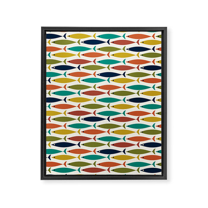 Midcentury Modern Fish Pattern in Mid Mod Teal, Olive, Mustard, Orange on Nearly White Framed Canvas Print Gallery Image 1