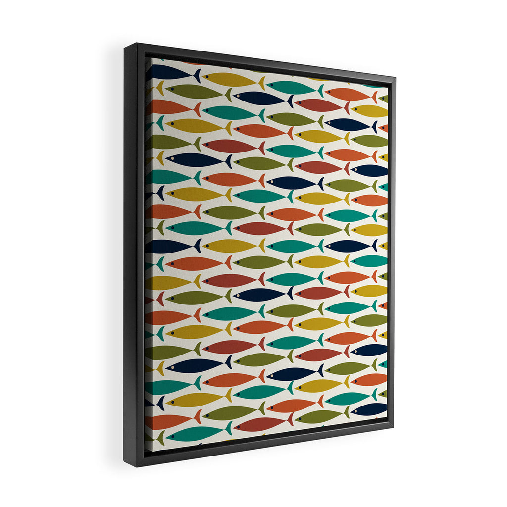 Midcentury Modern Fish Pattern in Mid Mod Teal, Olive, Mustard, Orange on Nearly White Framed Canvas Print Gallery Image 2