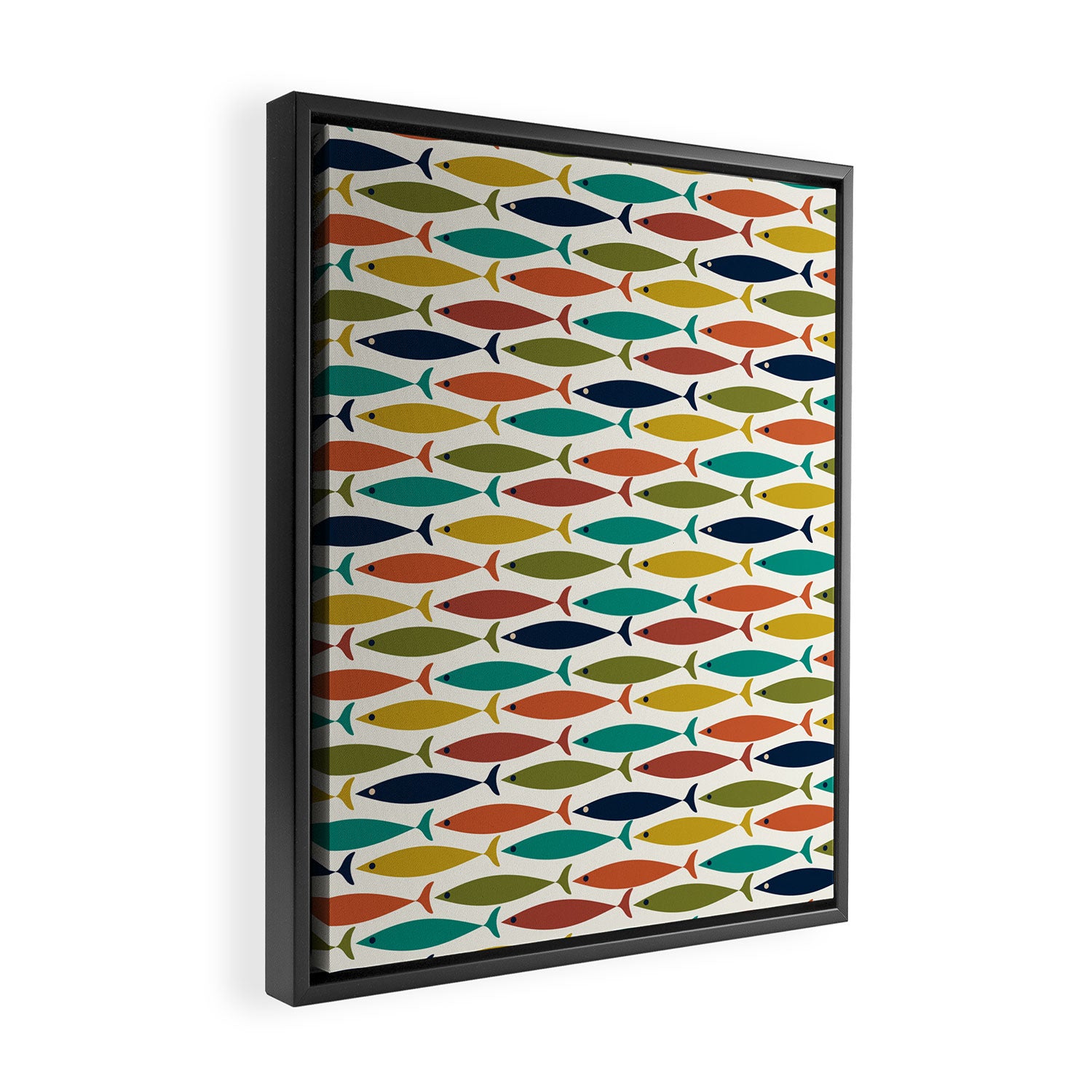 Midcentury Modern Fish Pattern in Mid Mod Teal, Olive, Mustard, Orange on Nearly White Framed Canvas Print Gallery Image 2