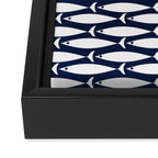 Mid-Century Modern Fish Pattern in Nautical Navy Blue and White Framed Canvas Print Gallery Image 3