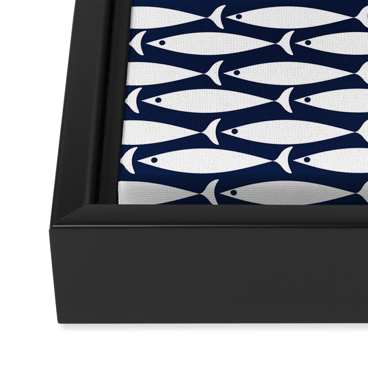 Mid-Century Modern Fish Pattern in Nautical Navy Blue and White Framed Canvas Print Gallery Image 3