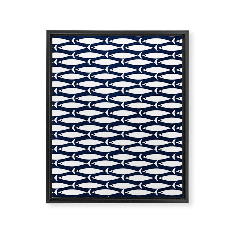 Mid-Century Modern Fish Pattern in Nautical Navy Blue and White Framed Canvas Print Gallery Image 8