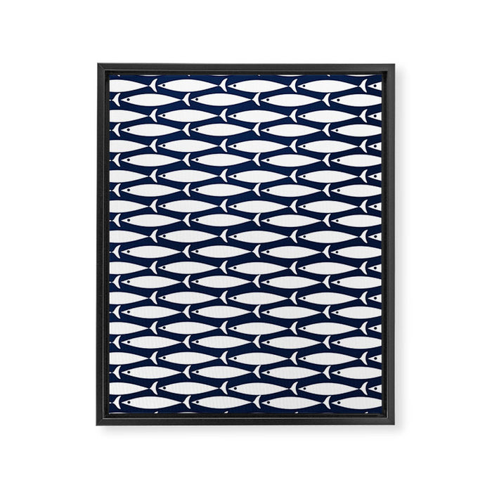 Mid-Century Modern Fish Pattern in Nautical Navy Blue and White Framed Canvas Print Gallery Image 1