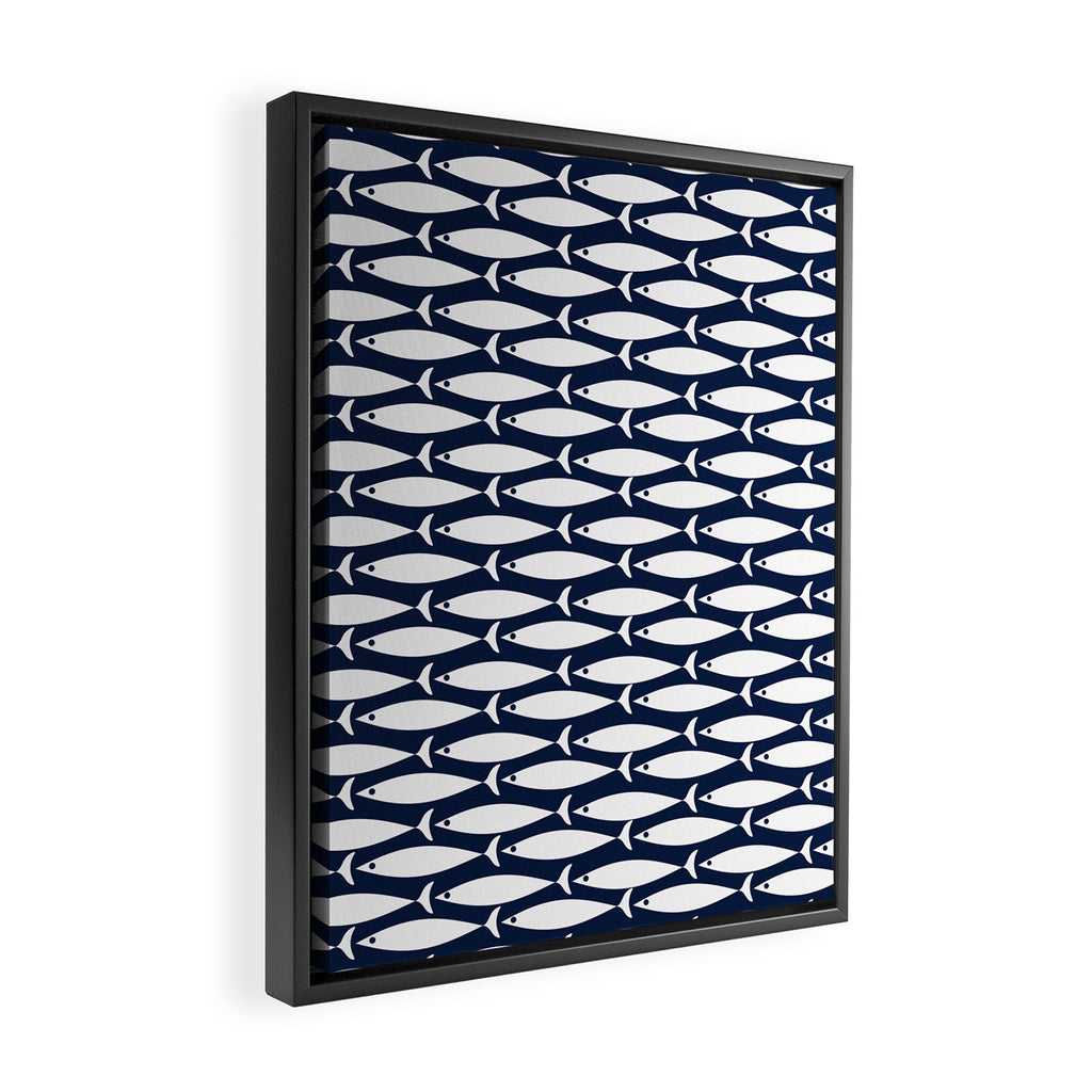 Mid-Century Modern Fish Pattern in Nautical Navy Blue and White Framed Canvas Print Gallery Image 2
