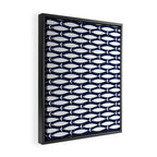 Mid-Century Modern Fish Pattern in Nautical Navy Blue and White Framed Canvas Print Gallery Image 2