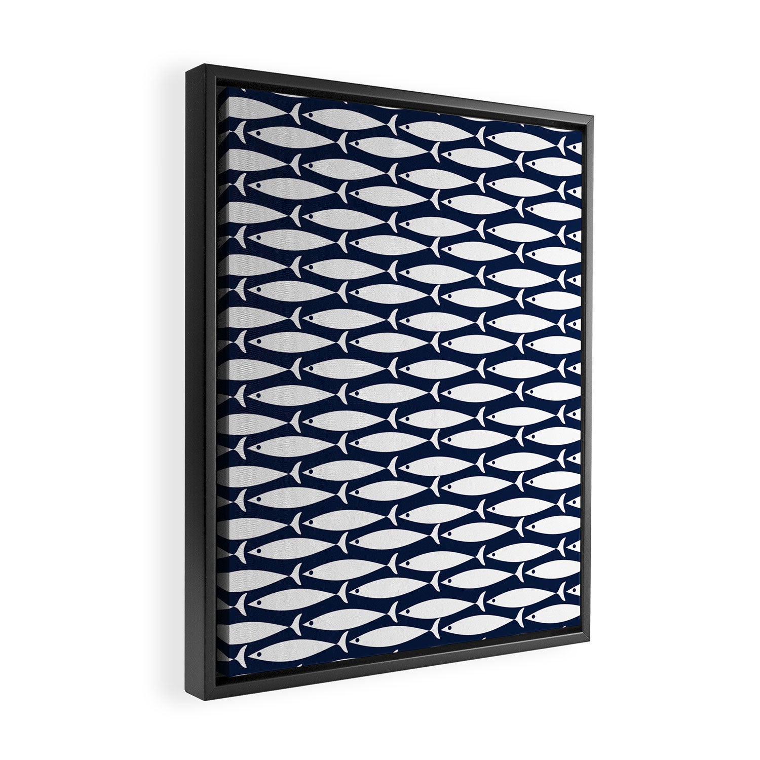 Mid-Century Modern Fish Pattern in Nautical Navy Blue and White Framed Canvas Print Gallery Image 2