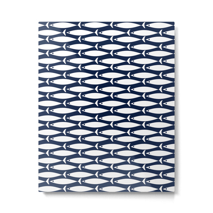 Mid-Century Modern Fish Pattern in Nautical Navy Blue and White Metal Print Gallery Image 1