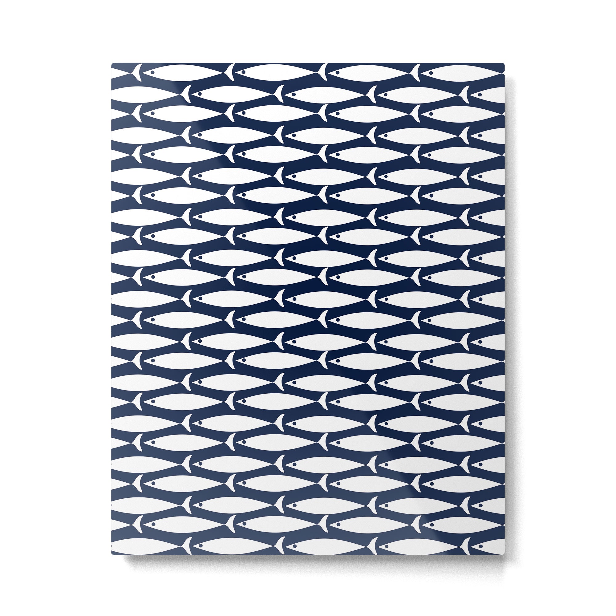Mid-Century Modern Fish Pattern in Nautical Navy Blue and White Metal Print Gallery Image 6