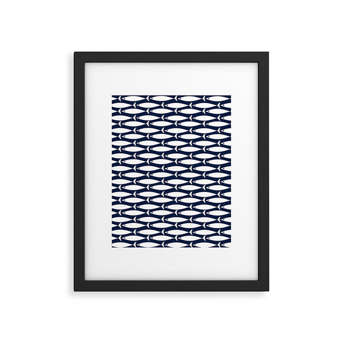Mid-Century Modern Fish Pattern in Nautical Navy Blue and White Framed Art Print Gallery Image 1