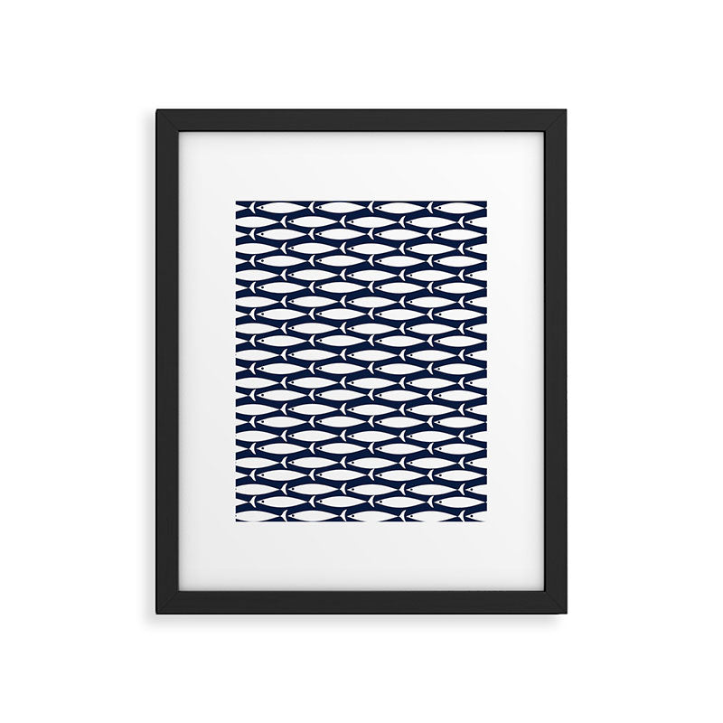 Mid-Century Modern Fish Pattern in Nautical Navy Blue and White Framed Art Print Gallery Image 6