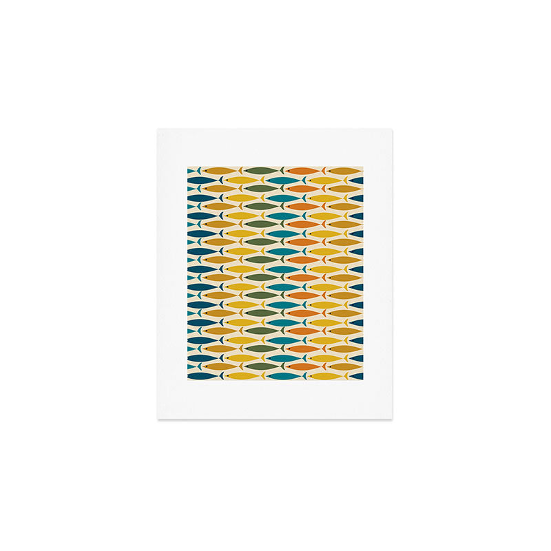 Mid-Century Modern Fish Stripes in Moroccan Teal, Green, Orange, Mustard, and Cream Art Print Gallery Image 1