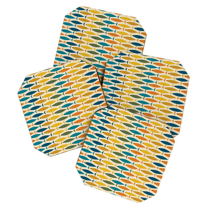 Mid-Century Modern Fish Stripes in Moroccan Teal, Green, Orange, Mustard, and Cream Coaster Gallery Image 1