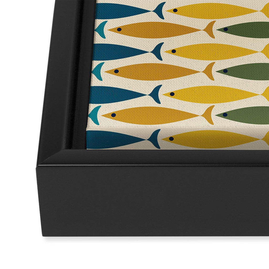 Mid-Century Modern Fish Stripes in Moroccan Teal, Green, Orange, Mustard, and Cream Framed Canvas Print Gallery Image 3
