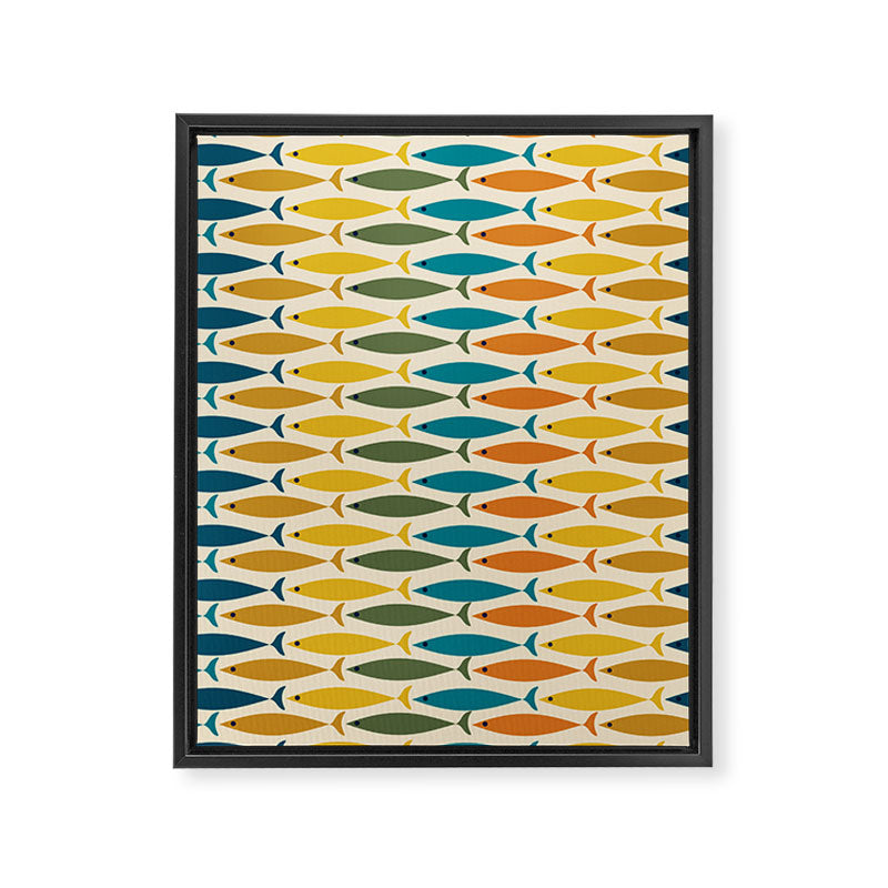 Mid-Century Modern Fish Stripes in Moroccan Teal, Green, Orange, Mustard, and Cream Framed Canvas Print Gallery Image 8