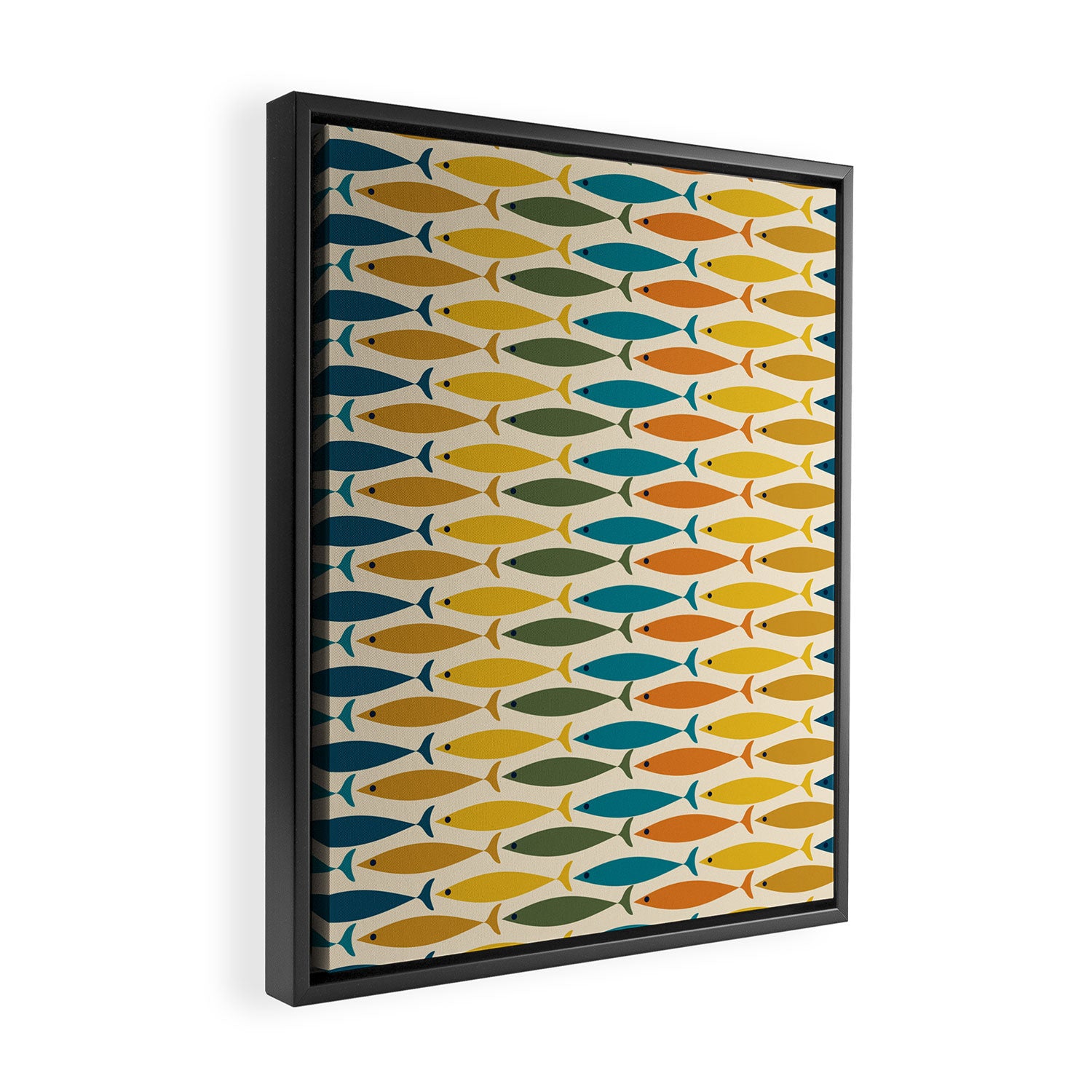 Mid-Century Modern Fish Stripes in Moroccan Teal, Green, Orange, Mustard, and Cream Framed Canvas Print Gallery Image 2