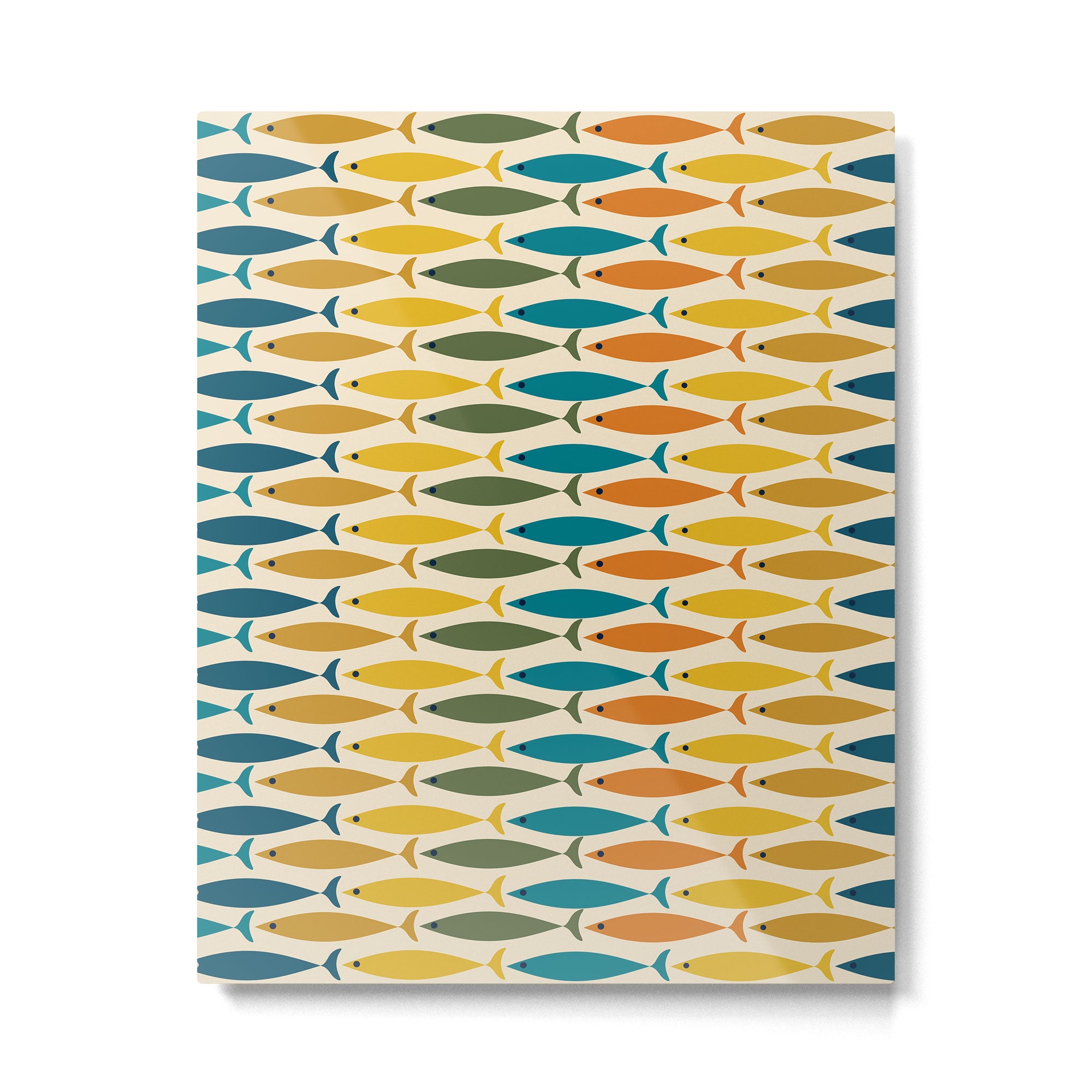 Mid-Century Modern Fish Stripes in Moroccan Teal, Green, Orange, Mustard, and Cream Metal Print Gallery Image 6