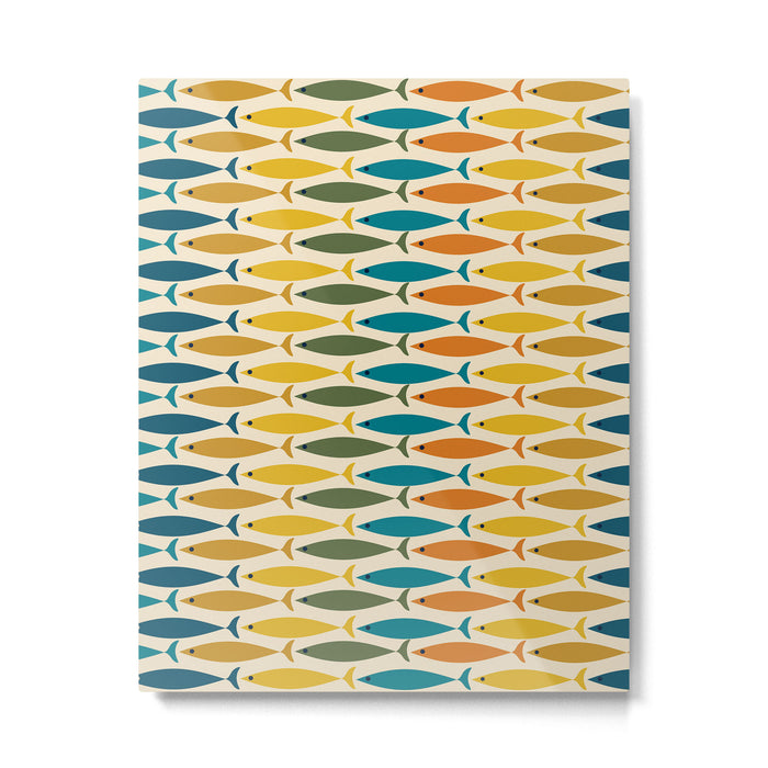 Mid-Century Modern Fish Stripes in Moroccan Teal, Green, Orange, Mustard, and Cream Metal Print Gallery Image 1