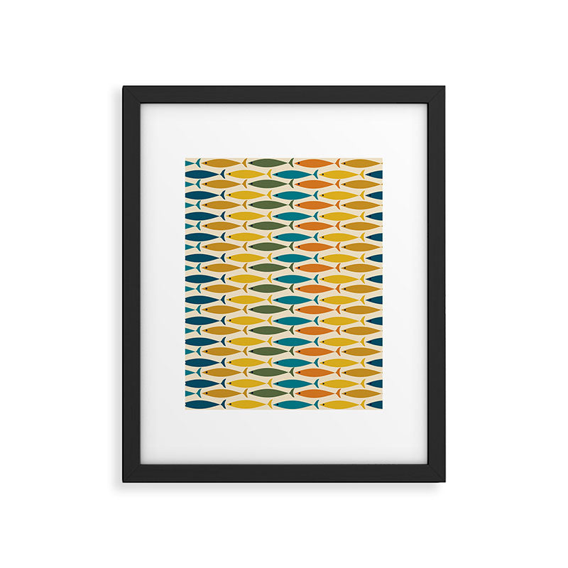 Mid-Century Modern Fish Stripes in Moroccan Teal, Green, Orange, Mustard, and Cream Framed Art Print Gallery Image 6