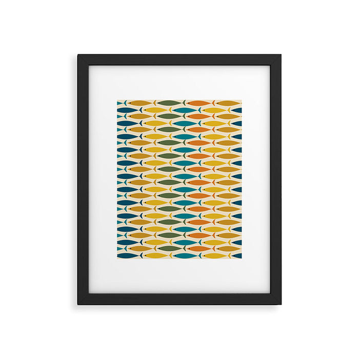 Mid-Century Modern Fish Stripes in Moroccan Teal, Green, Orange, Mustard, and Cream Framed Art Print Gallery Image 1