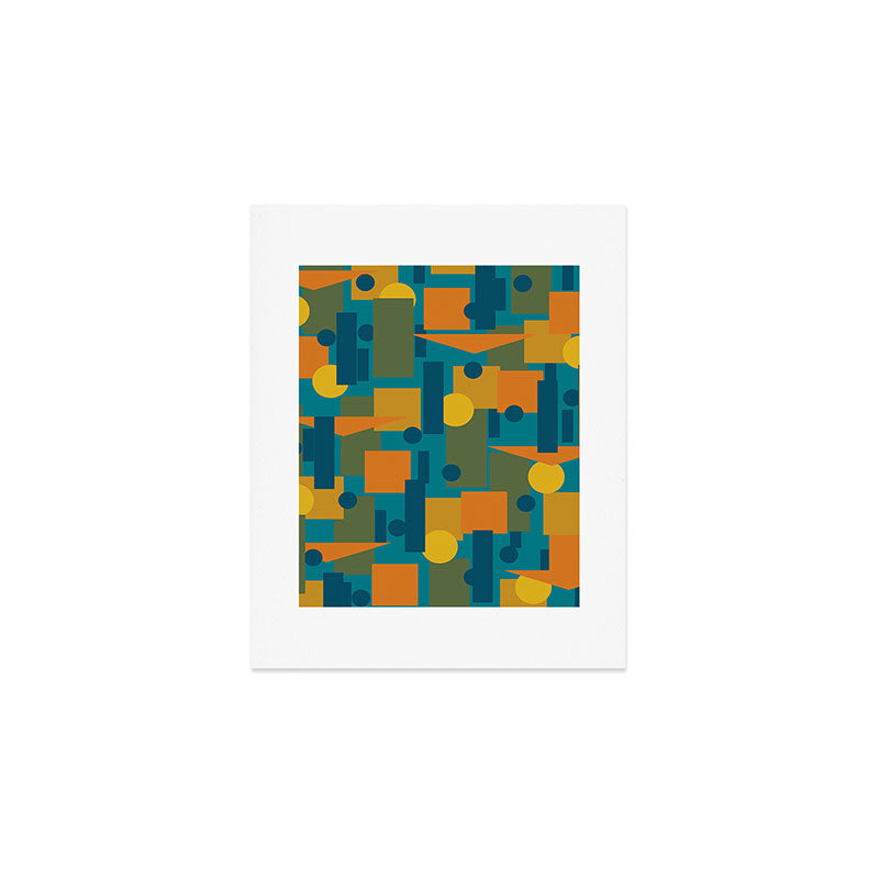 Mid-Century Modern Geometrica Pattern in Moroccan Teal Blue Olive Green Mustard Yellow Orange Art Print Gallery Image 1