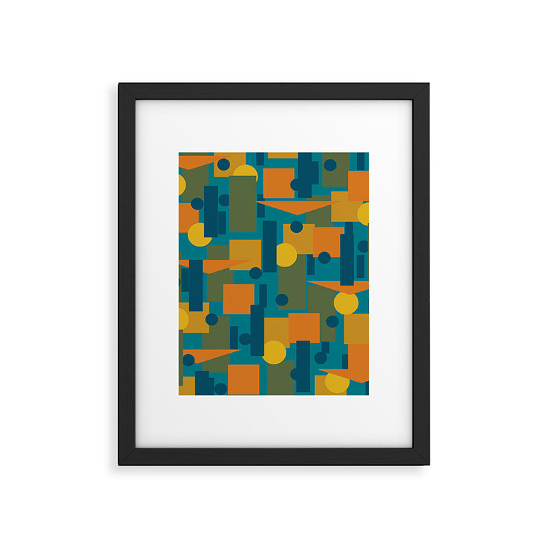 Mid-Century Modern Geometrica Pattern in Moroccan Teal Blue Olive Green Mustard Yellow Orange Framed Art Print Gallery Image 4