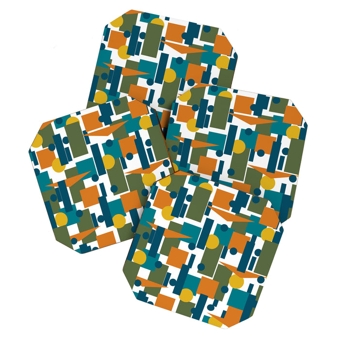 Mid-Century Modern Geometrica Pattern in Moroccan Teal Blue Olive Green Mustard Yellow Orange and White Coaster Gallery Image 1