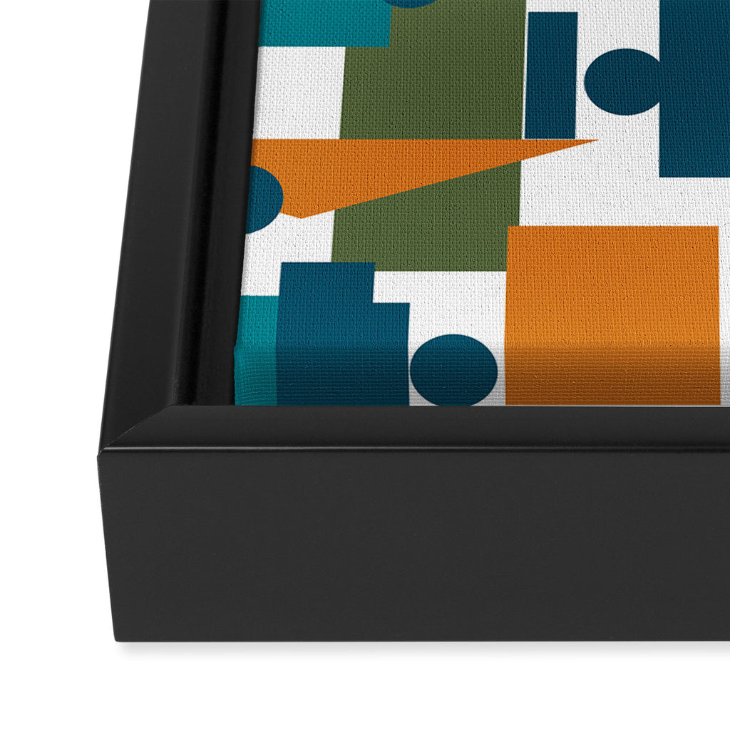 Mid-Century Modern Geometrica Pattern in Moroccan Teal Blue Olive Green Mustard Yellow Orange and White Framed Canvas Print Gallery Image 3